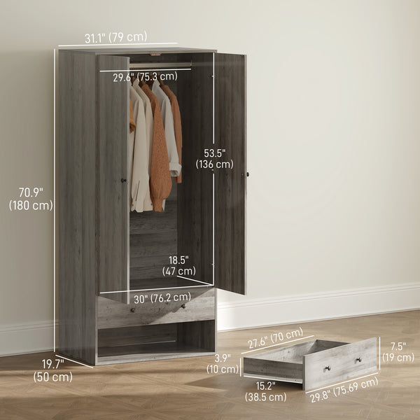 Modern wardrobe with 2 drawers and hanging rod, grey