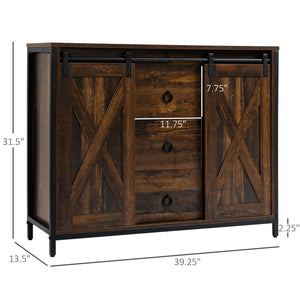 Industrial buffet with sliding barn doors, three drawers, and adjustable shelves, rustic brown