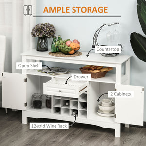 Modern kitchen sideboard with drawer and 12-bottle wine rack, white.