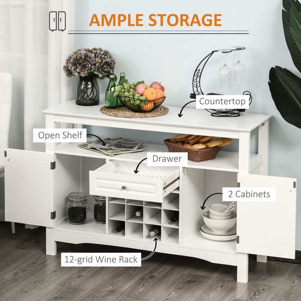 Modern kitchen sideboard with drawer and 12-bottle wine rack, white.