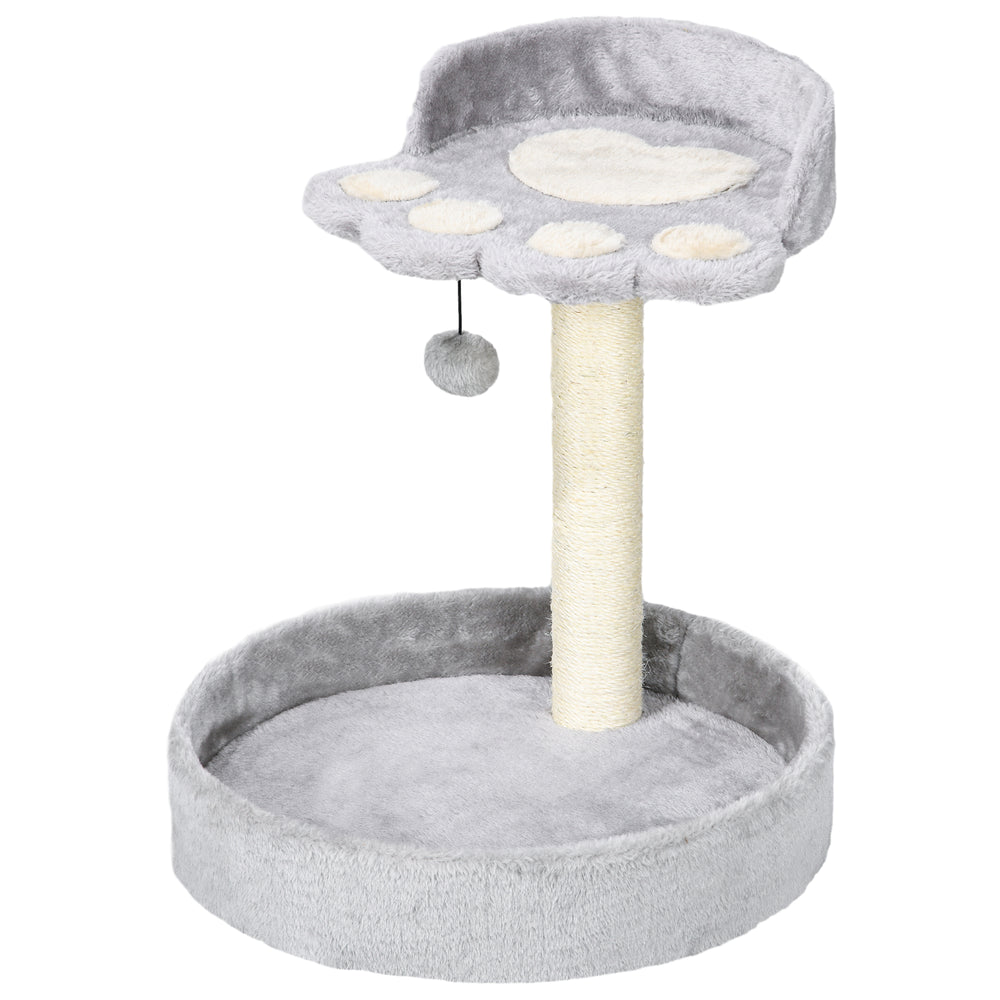 Petit arbre à chat gris clair avec griffoir en sisal, balle suspendue et lit – centre d’activités compact pour chatons