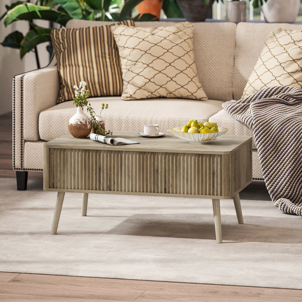 Lift-up coffee table with storage, oak