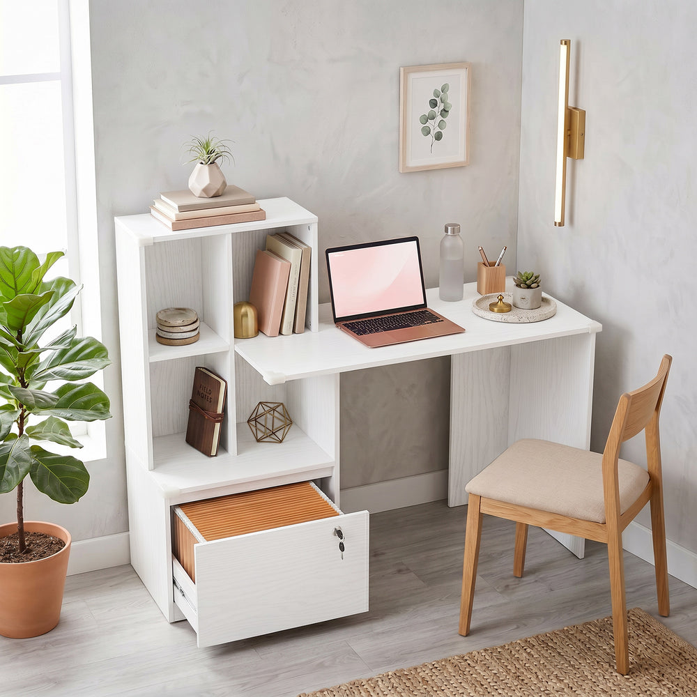 Computer desk with bookshelf, locking drawer and file storage