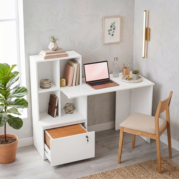Computer desk with bookshelf, locking drawer and file storage