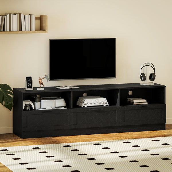 TV stand with 3 cabinets and 3 open shelves, for TVs up to 85 inches, black