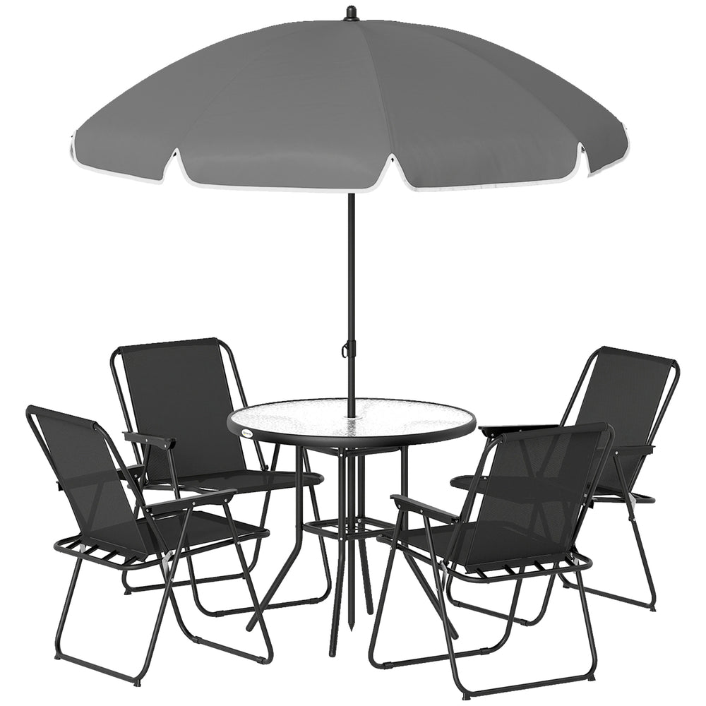 6-Piece Patio Dining Set with Umbrella, Folding Chairs, and Glass Table, Black.