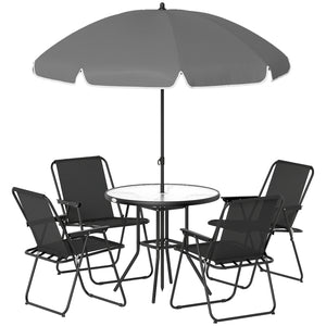 6-Piece Patio Dining Set with Umbrella, Folding Chairs, and Glass Table, Black.