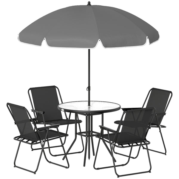 6-Piece Patio Dining Set with Umbrella, Folding Chairs, and Glass Table, Black.