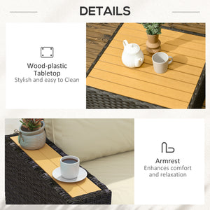 6 Piece Rattan Garden Furniture Set with Corner Sofa, Coffee Table, Wood and Plastic, Light Khaki