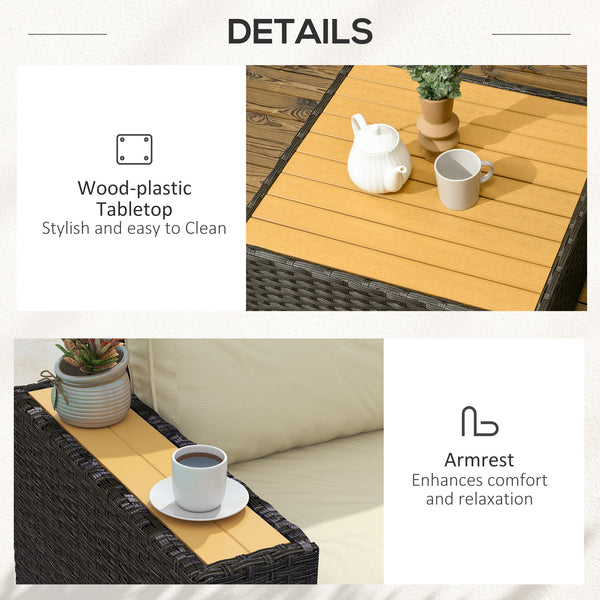 6 Piece Rattan Garden Furniture Set with Corner Sofa, Coffee Table, Wood and Plastic, Light Khaki