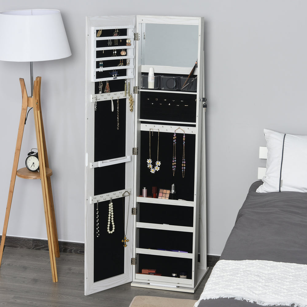 Jewelry cabinet with lockable mirror with LED lighting, white wood