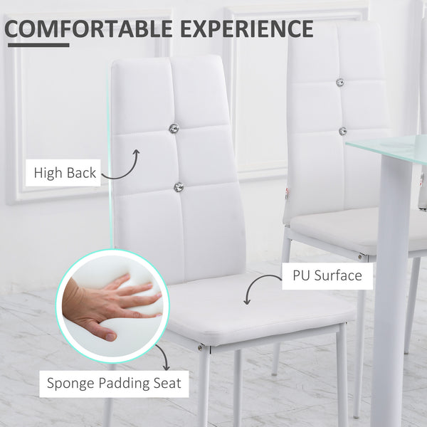 Set of 4 white high-back upholstered chairs with padded seats