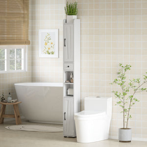 Narrow bathroom vanity with barn doors, drawer and adjustable shelves, white wood look
