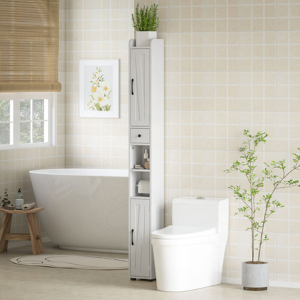 Narrow bathroom vanity with barn doors, drawer and adjustable shelves, white wood look