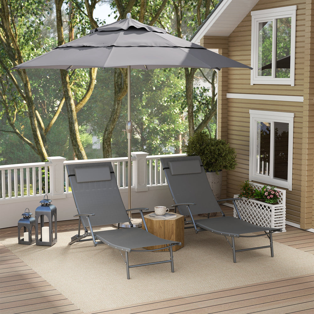 Set of 2 folding deck chairs with cushion, for terrace, garden, beach, gray