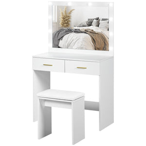 Dressing table with stool, LED illuminated mirror and drawers, white