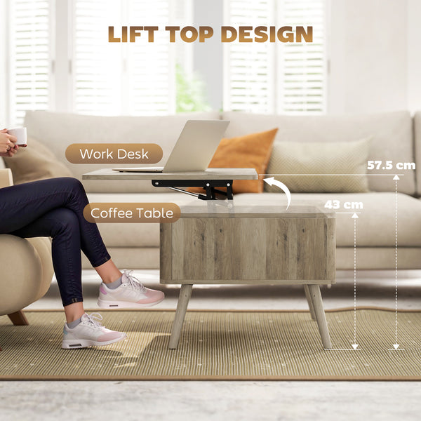 Lift-up coffee table with storage, oak