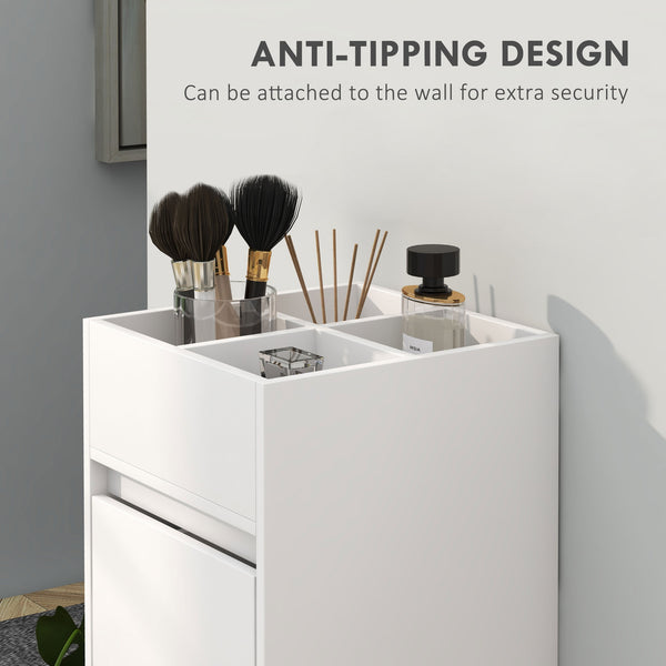 Narrow storage cabinet with 3 drawers, 4 compartments and towel rack – White