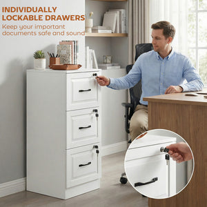 3-drawer vertical filing cabinet with lock, equipped with adjustable hanging rails for A4 and Letter sizes, white.