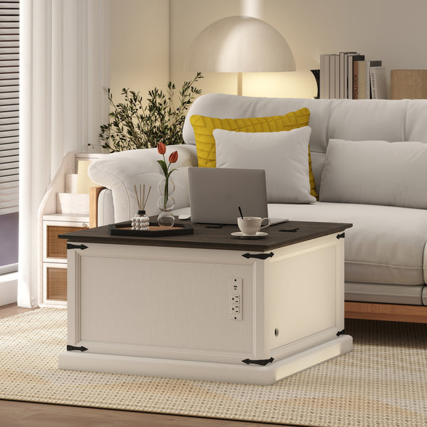 Lift-top coffee table with charging station, country style with concealed storage, white wood look.
