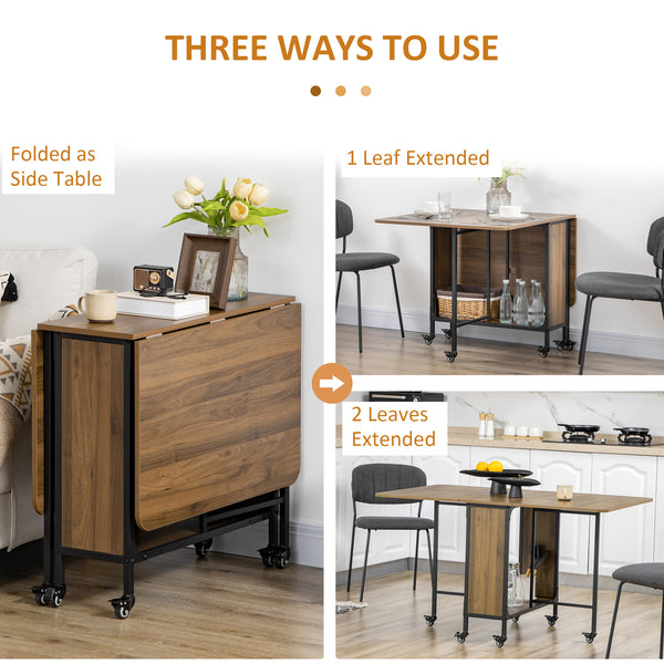 Folding dining table with storage shelf and 6 castors, light brown