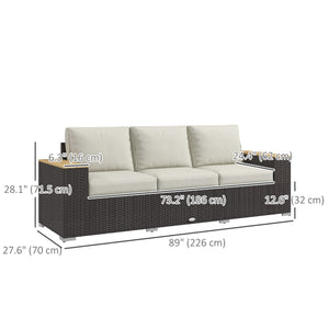3 Seater Outdoor Sofa with Cushions, Synthetic Rattan Patio Sofa with Faux Wood Armrests, Cream White