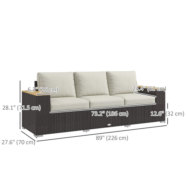 3 Seater Outdoor Sofa with Cushions, Synthetic Rattan Patio Sofa with Faux Wood Armrests, Cream White