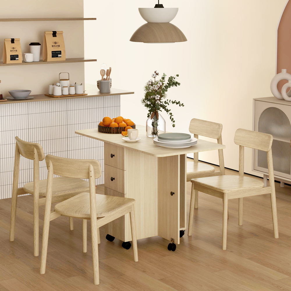 Drop Leaf Dining Table, Mobile Folding Table on Wheels with Drawers and Cabinet for Dining Room, Kitchen, Natural Wood