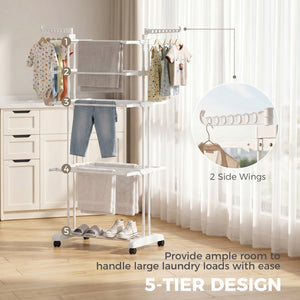 5-tier foldable clothes drying rack on wheels, white