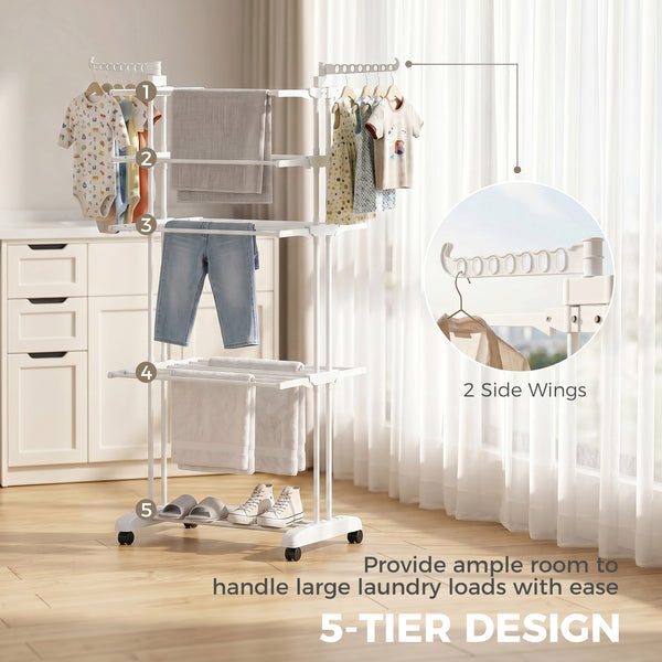 5-tier foldable clothes drying rack on wheels, white