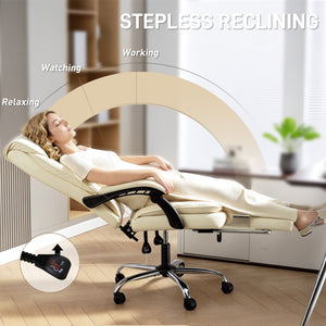 Ergonomic leather office chair with footrest, swivel and tilt, beige