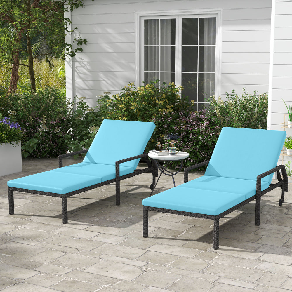 2 PE rattan outdoor lounge chairs with adjustable backrest and 2 wheels, sky blue
