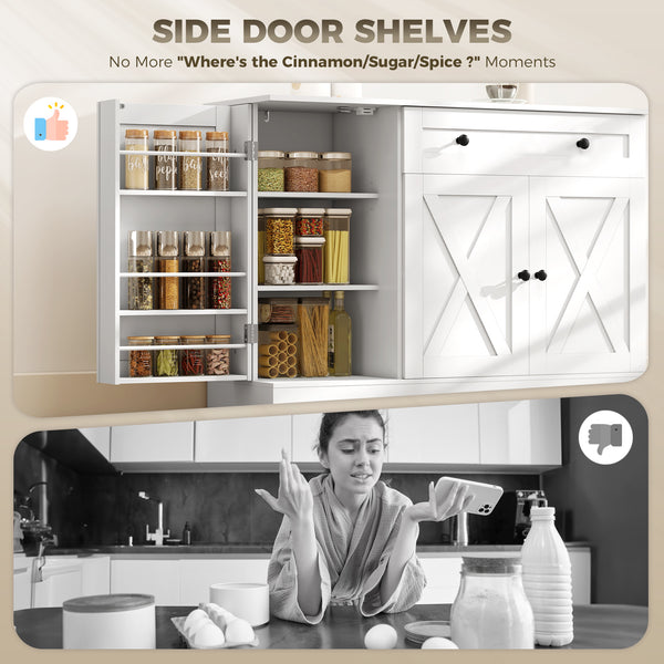 Farmhouse Coffee Bar Cabinet with Doors, Adjustable Shelves, Drawer, Barn Doors, White