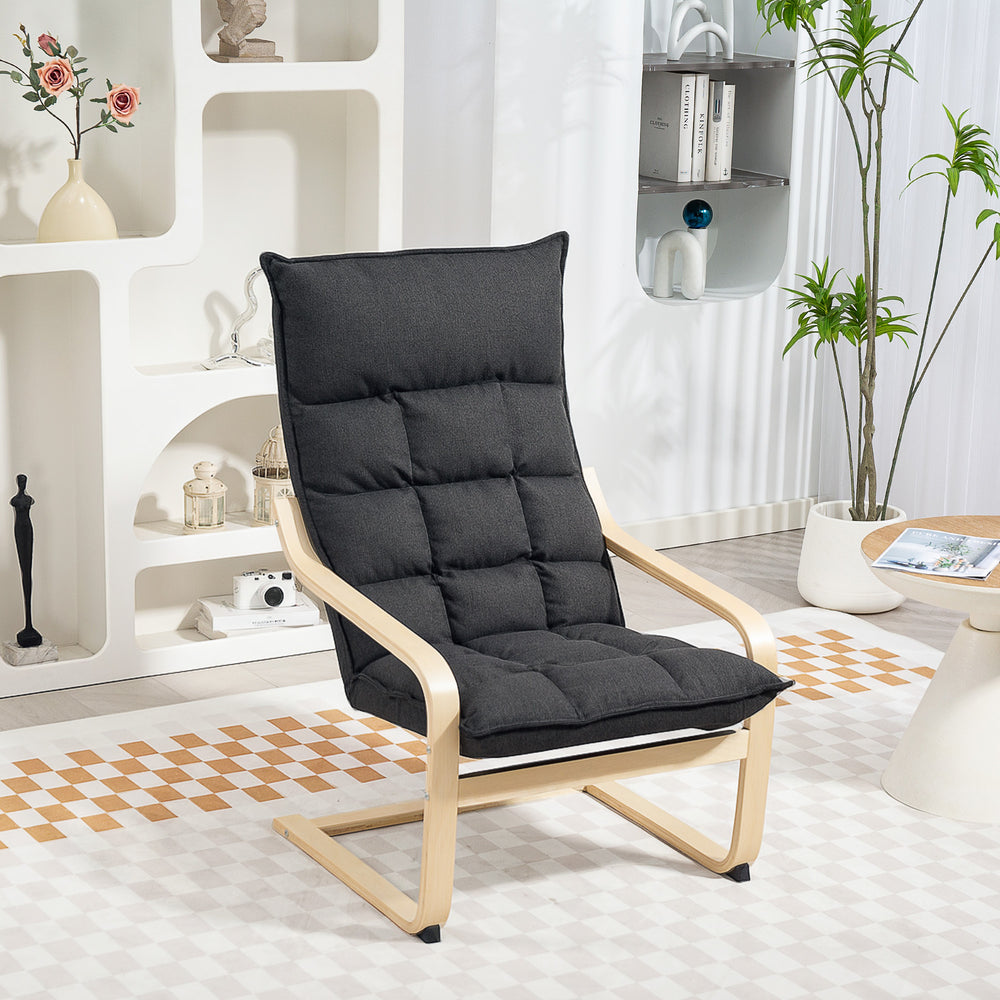 Upholstered accent chair with curved legs and armrests, dark gray