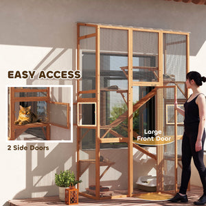 Wooden cat enclosure with 6 jumping platforms, a scratching post, 2 ramps and a waterproof roof