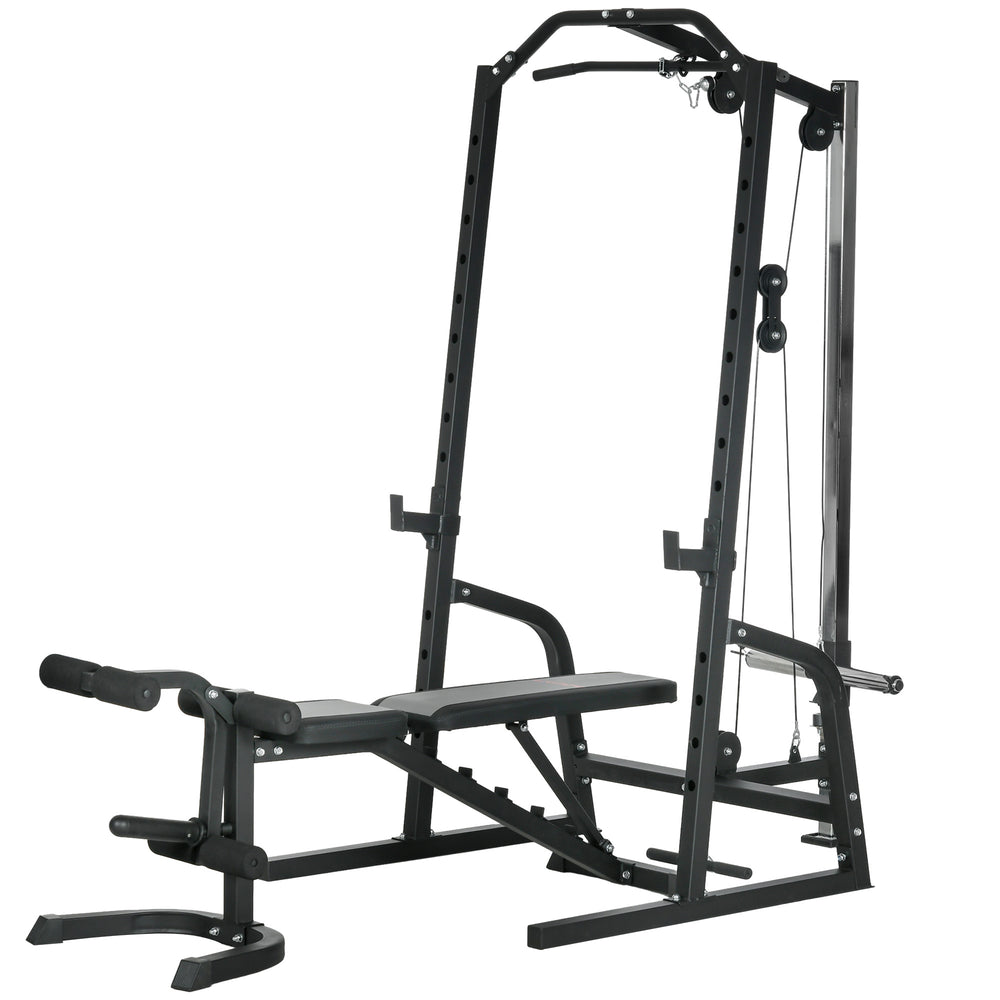 Multifunctional weight cage with adjustable bench, dumbbell bar and 15-level squat rack