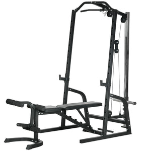 Multifunctional weight cage with adjustable bench, dumbbell bar and 15-level squat rack
