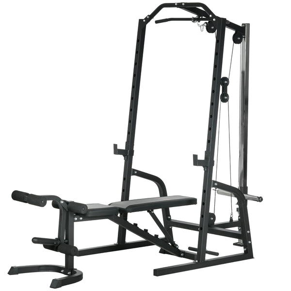 Multifunctional weight cage with adjustable bench, dumbbell bar and 15-level squat rack
