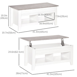 Lift-top coffee table with hidden storage compartment and open shelves, white