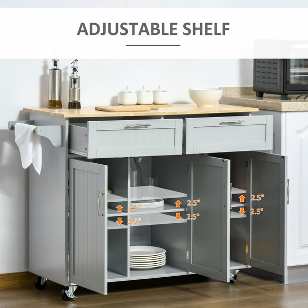 Rolling kitchen island with 2 storage drawers, 3 cupboards with doors and towel rail - Grey