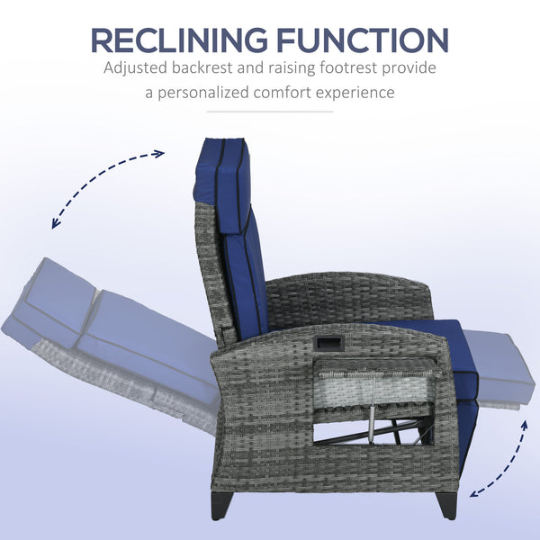 Outdoor Recliner Chair with Adjustable Backrest, Cushion, Side Tray, Dark Blue