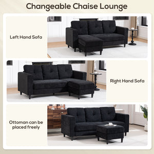L-shaped sofa with adjustable chaise longue, wooden legs, black