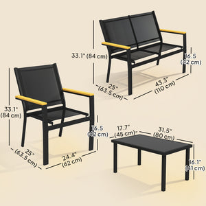 4-piece garden furniture set with sofa and tempered glass coffee table, black.