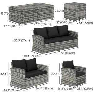 6 Piece Wicker Garden Furniture Set with Cushions, Coffee Table and Side Table, Black