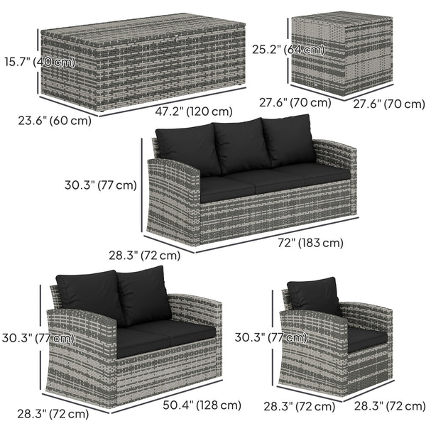 6 Piece Wicker Garden Furniture Set with Cushions, Coffee Table and Side Table, Black