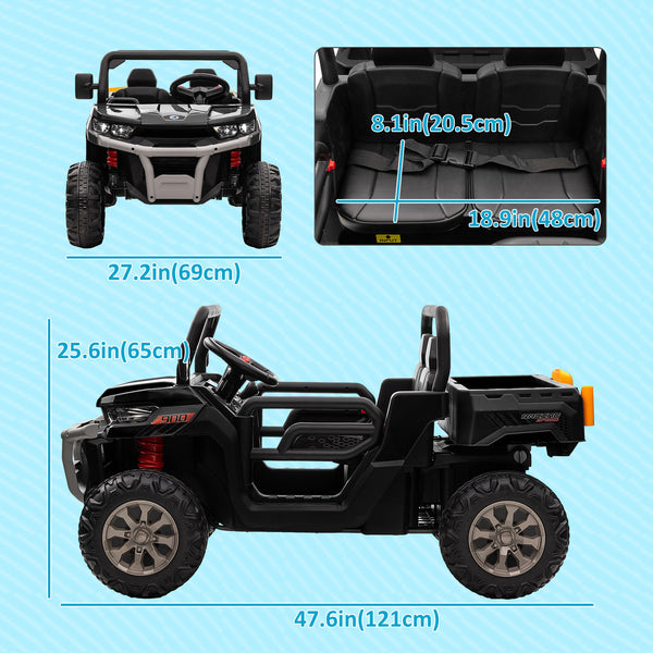 12V car with electric bucket, two seats, shovel, remote control, spring suspension, horn, music, black