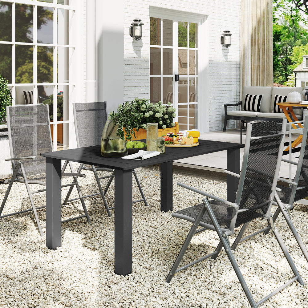 59" Outdoor Patio Table with Umbrella Hole, Outdoor Dining Table with Slatted Tabletop for Backyard Garden, Black