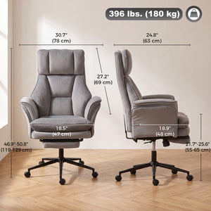 Ergonomic office chair with footrest, flip-up armrests, and 135° reclining backrest, gray