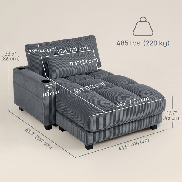 Large Corduroy Reading Sofa with 2 Cup Holders, Dark Grey