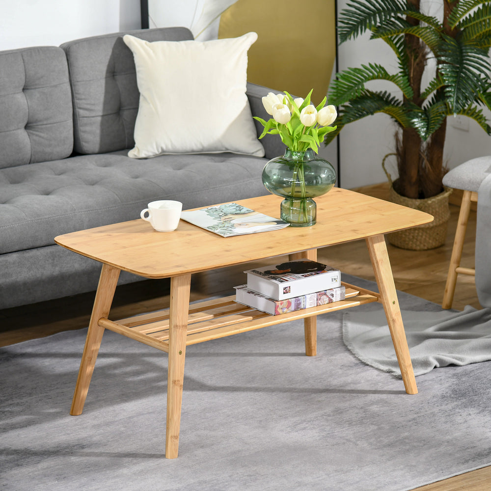 2-Tier Bamboo Coffee Table with Storage Shelf
